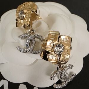 CHANEL 25A Gold and Silver Crystal Logo Earrings Brand New With Tag